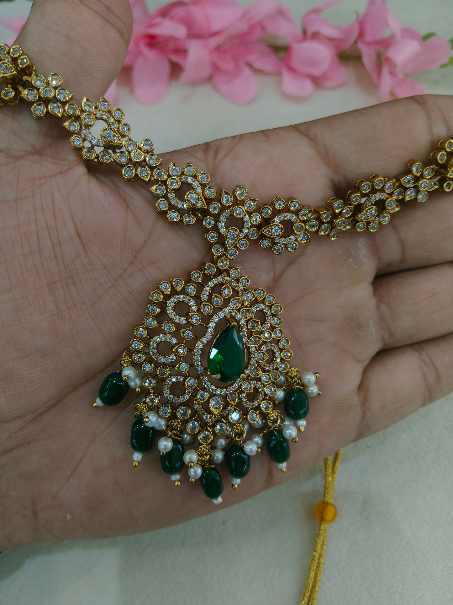 Antique Gold Green Cz Necklace Jewellery Beth Set