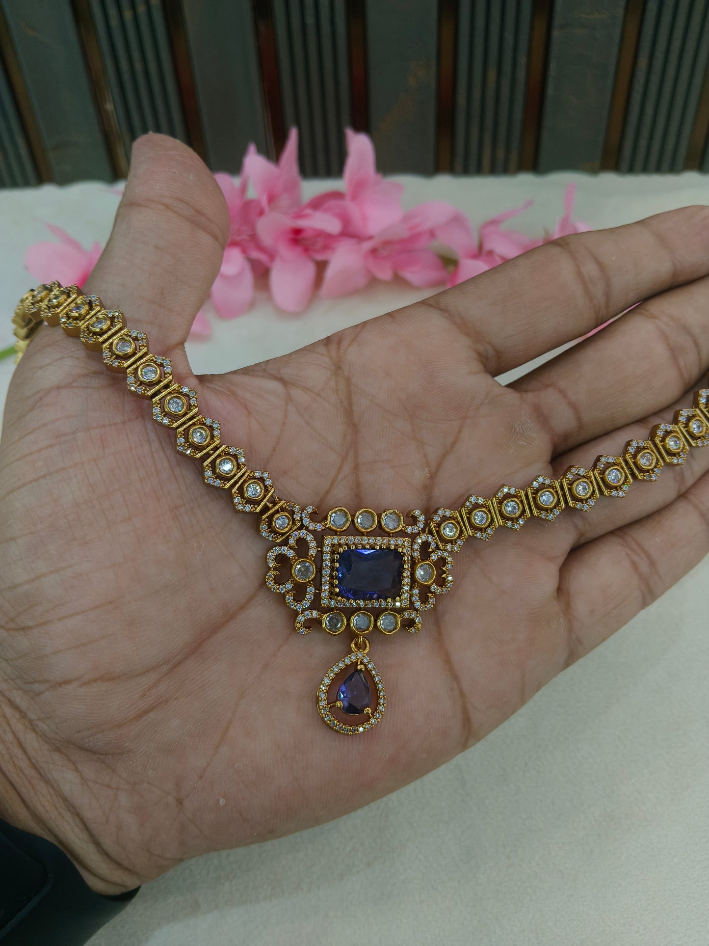 Antique Gold Purple Cz Necklace Jewellery Jazi Set