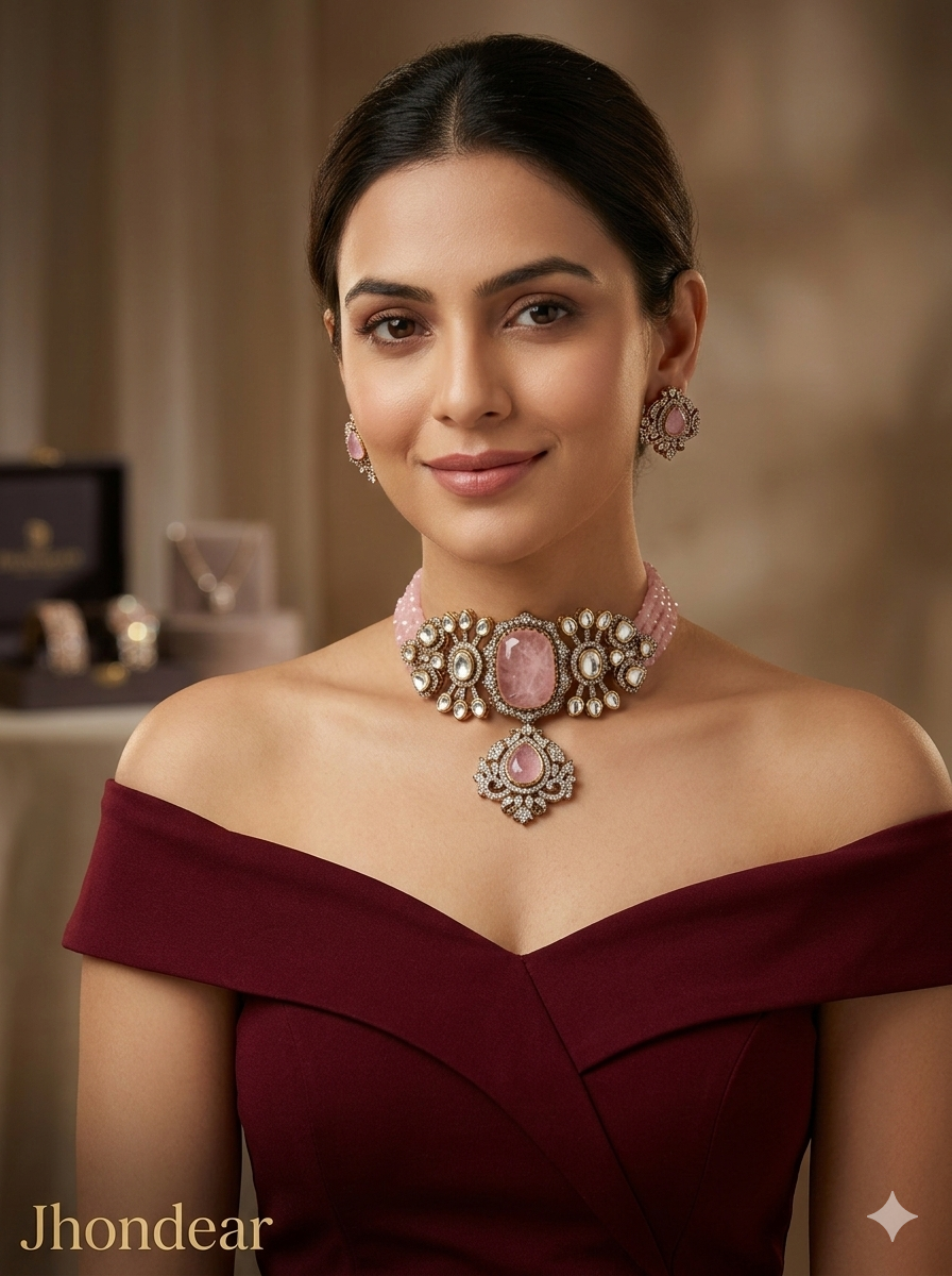 Pink Moissanite Kundan Choker Jewellery Sunita Set