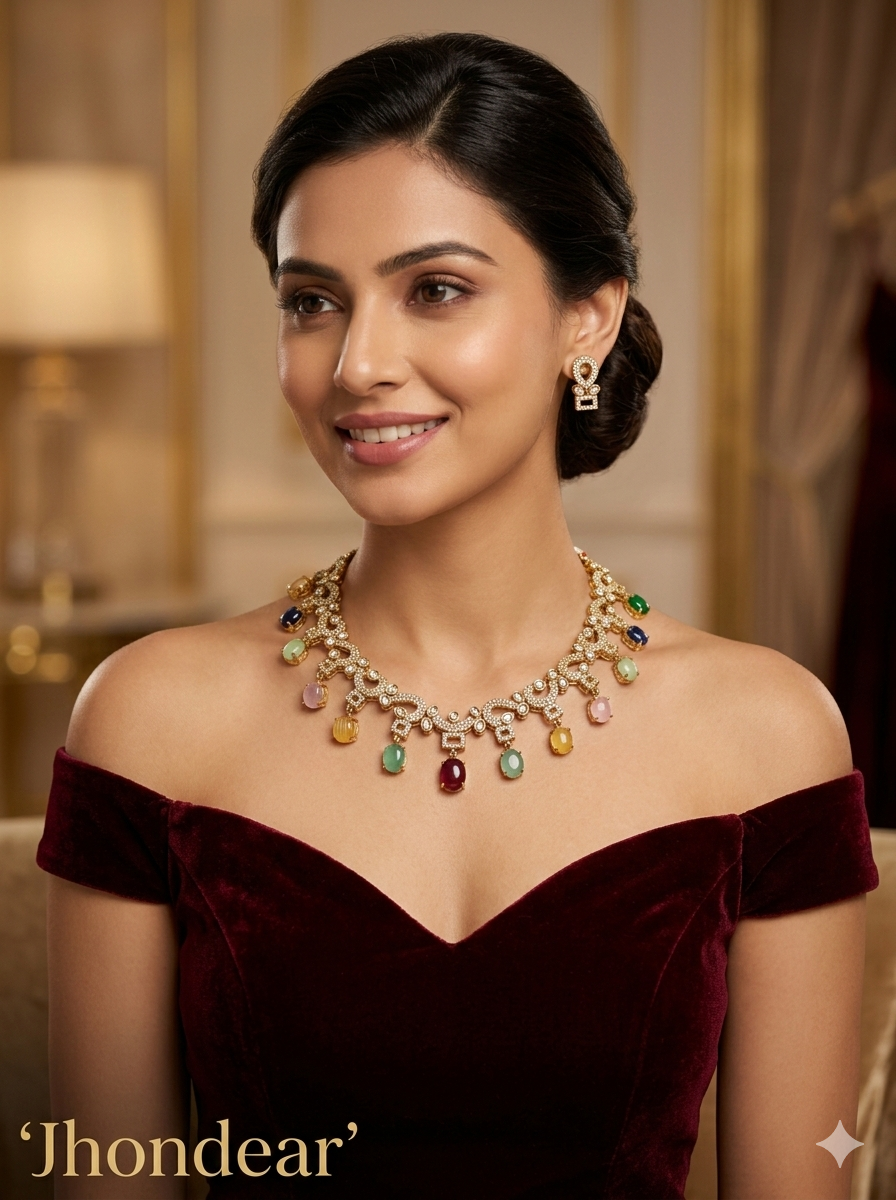 Multi Color Gold Moissanite Kundan Necklace Jewellery Jhondear Set