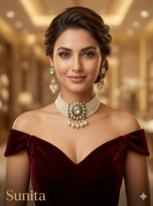 Green White Moissanite Kundan Choker Jewellery Sunita Set
