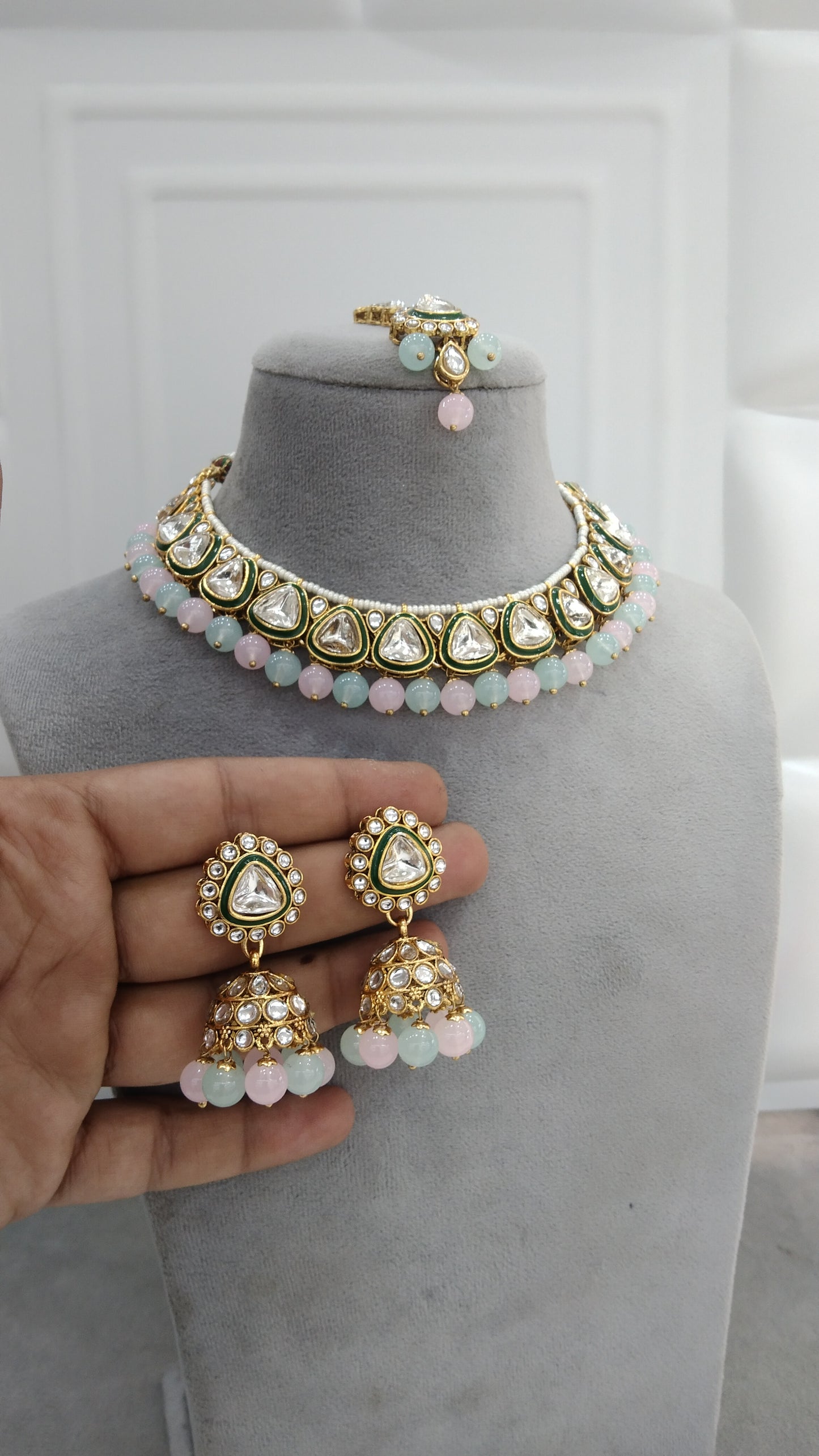 Aditi Sea Green Pink Kundan Jewelry Set