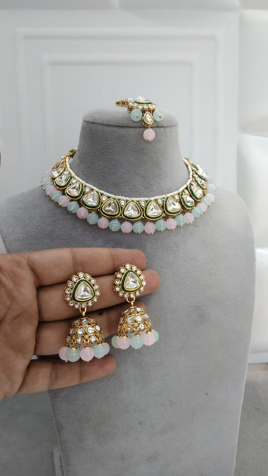 Aditi Sea Green Pink Kundan Jewelry Set