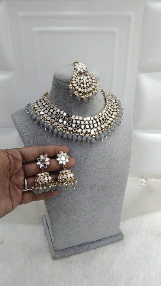 Bina Dark Grey Kundan Miror Jewelry Set