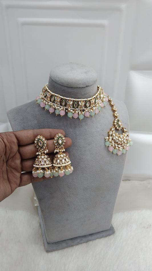 Divya Pista Pink Kundan Choker Jewellery Set