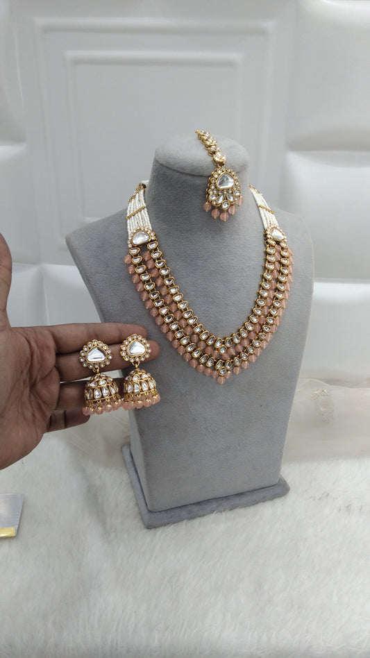 Bansuri Peach Kundan Layered Necklace Jewellery Set