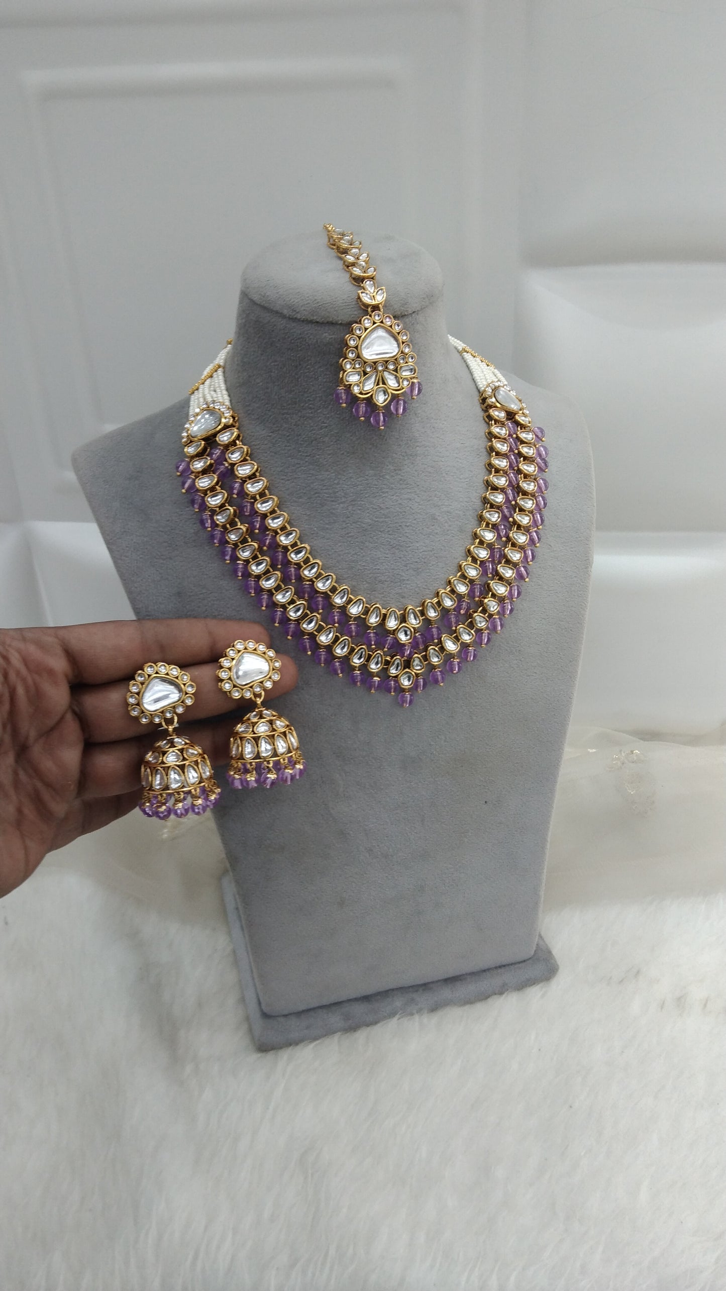 Bansuri Lavender Kundan Layered Necklace Jewellery Set