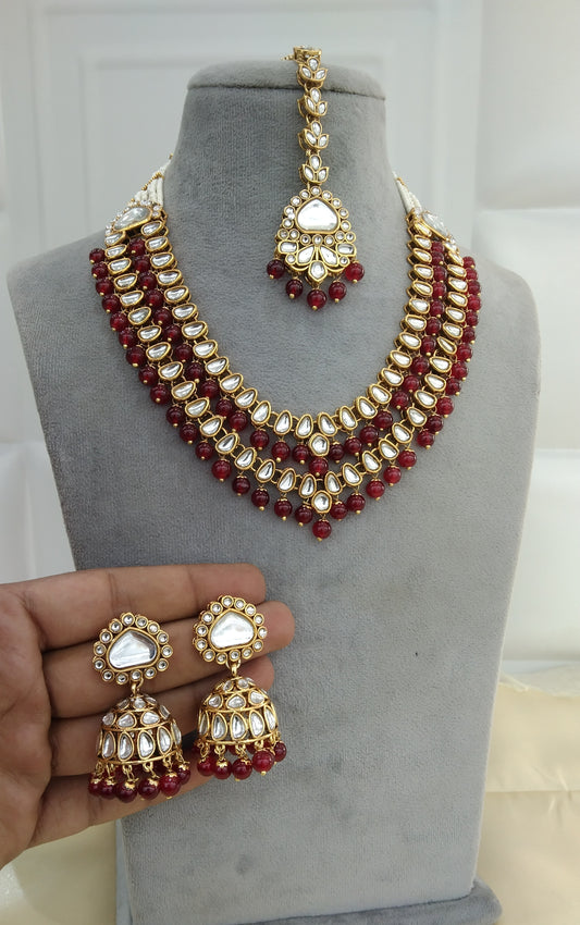 Bansuri Maroon Kundan Layered Necklace Jewellery Set