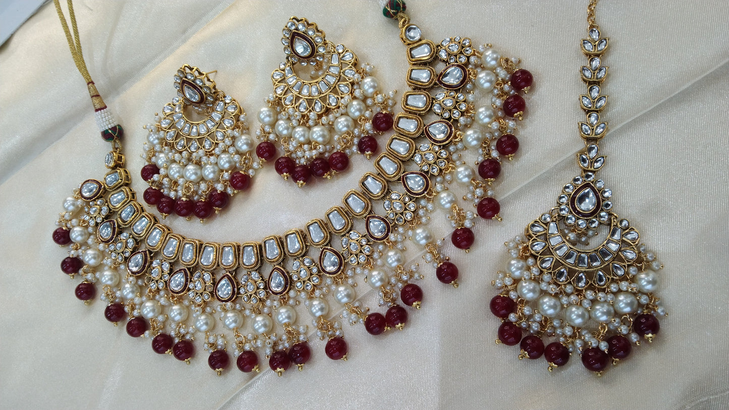 Chandan Maroon Kundan Necklace Jewellery Set