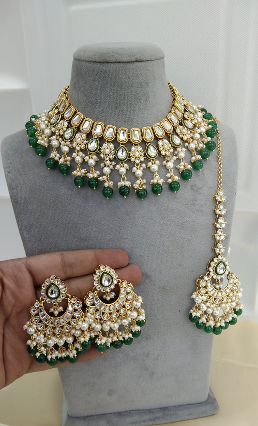 Chandan Green Kundan Necklace Jewellery Set