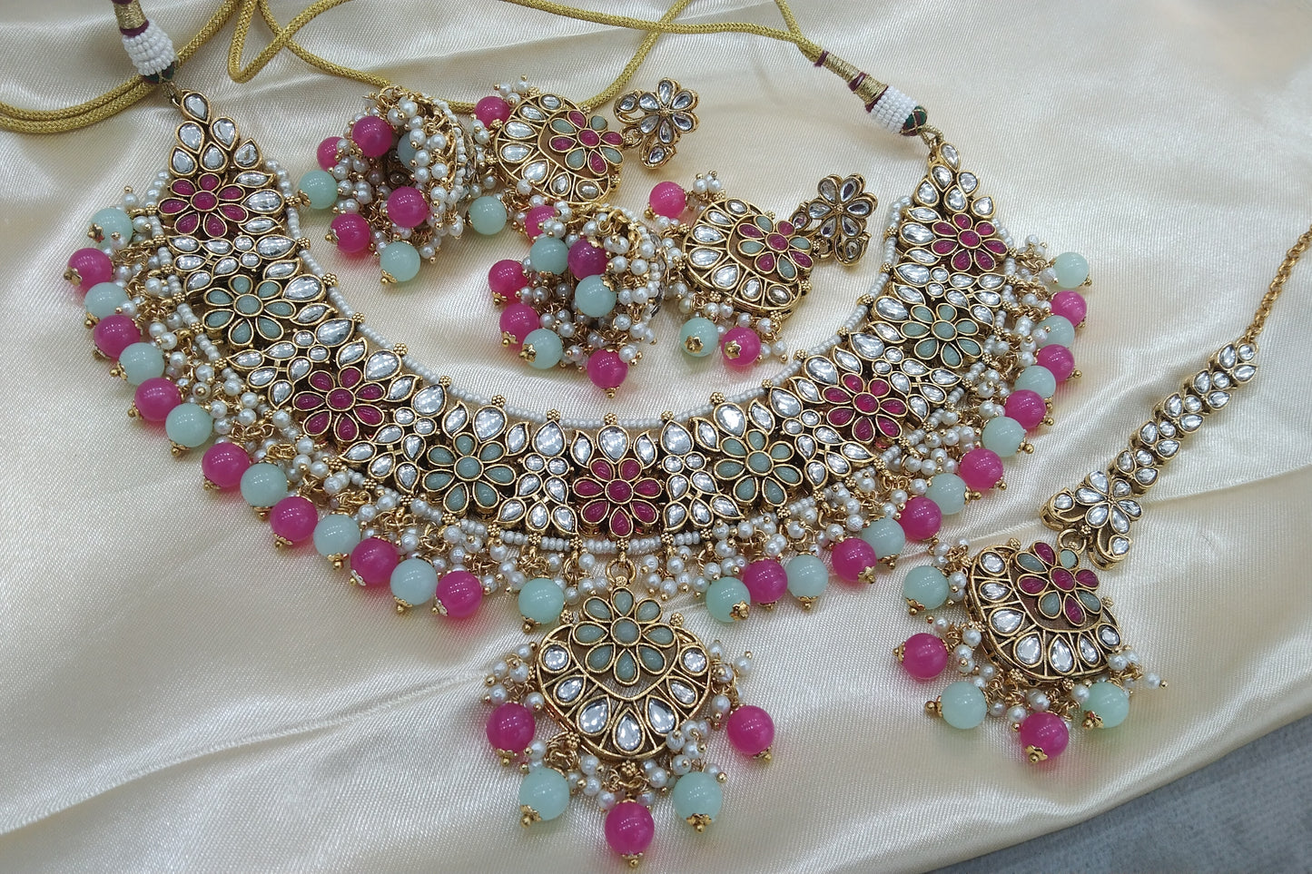 Chandrika Sea green Pink Kundan Indian Jewellery Set