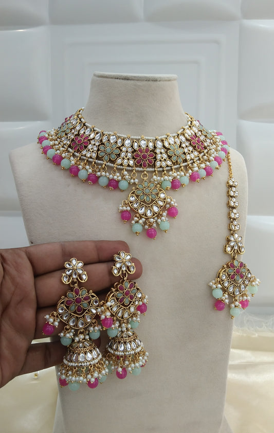 Chandrika Sea green Pink Kundan Indian Jewellery Set