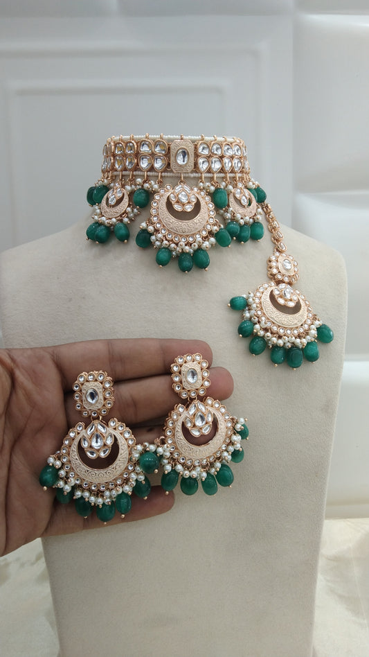 Freya Rama Green kundan Indian Choker Jewellery Set