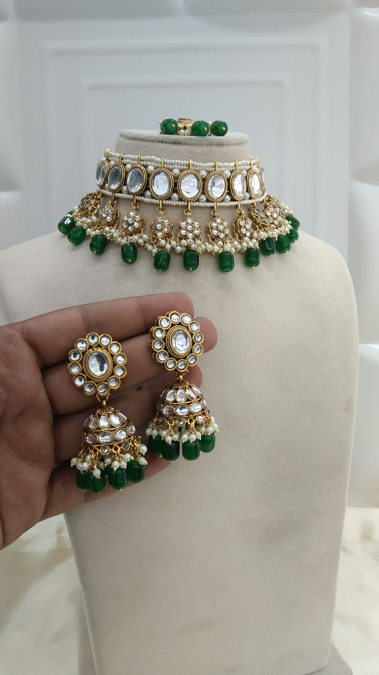 Gauri Green kundan Indian Choker Jewellery Set