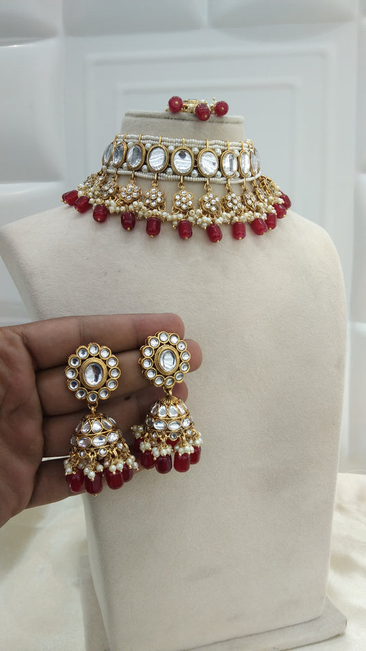 Gauri Maroon kundan Indian Choker Jewellery Set