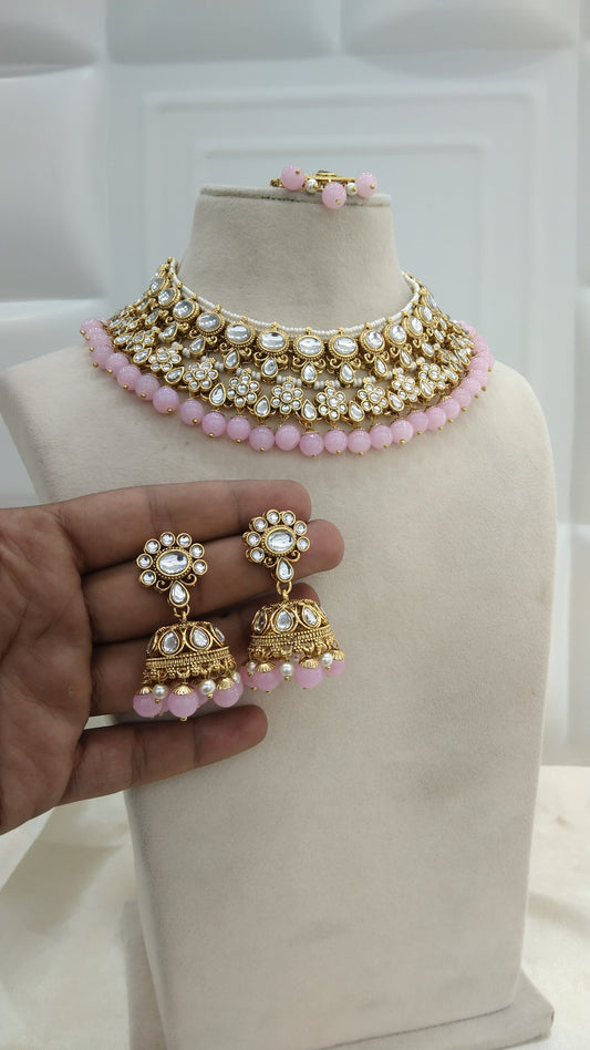 Garry Baby Pink kundan Indian Necklace Jewellery Set