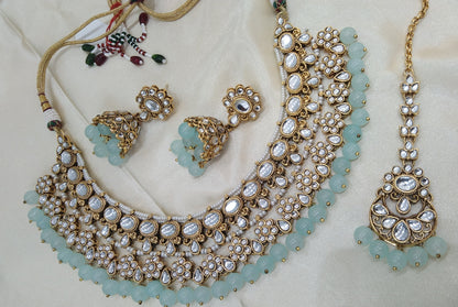 Garry Sea Green kundan Indian Necklace Jewellery Set