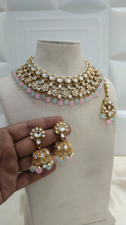 Garry Pista Pink kundan Indian Necklace Jewellery Set
