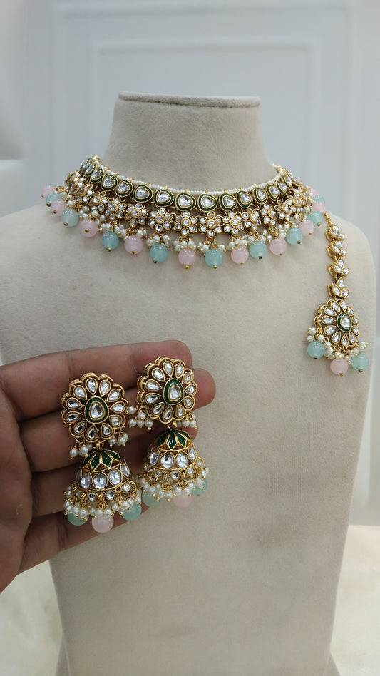 Harry Mint Pink kundan Indian Necklace Jewellery Set