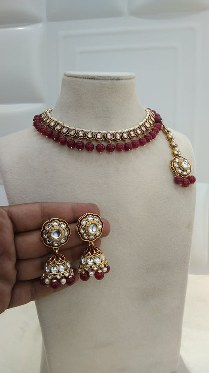 Honey Maroon kundan Indian Necklace Jewellery Set