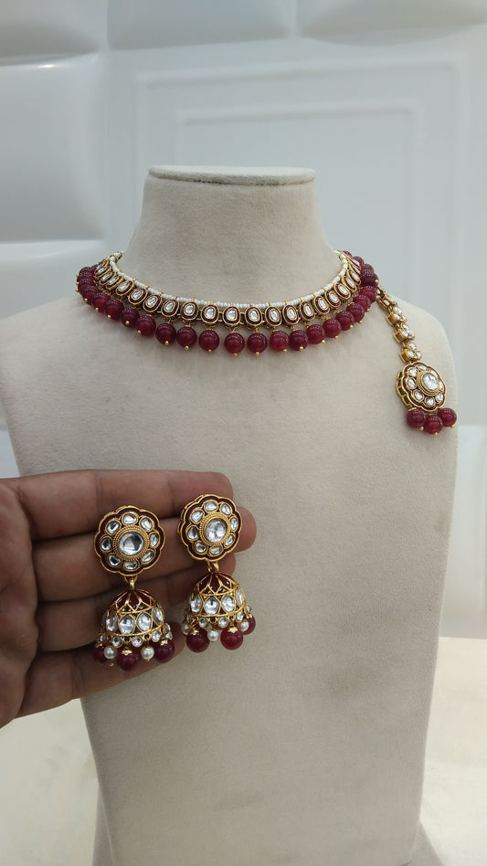 Honey Maroon kundan Indian Necklace Jewellery Set
