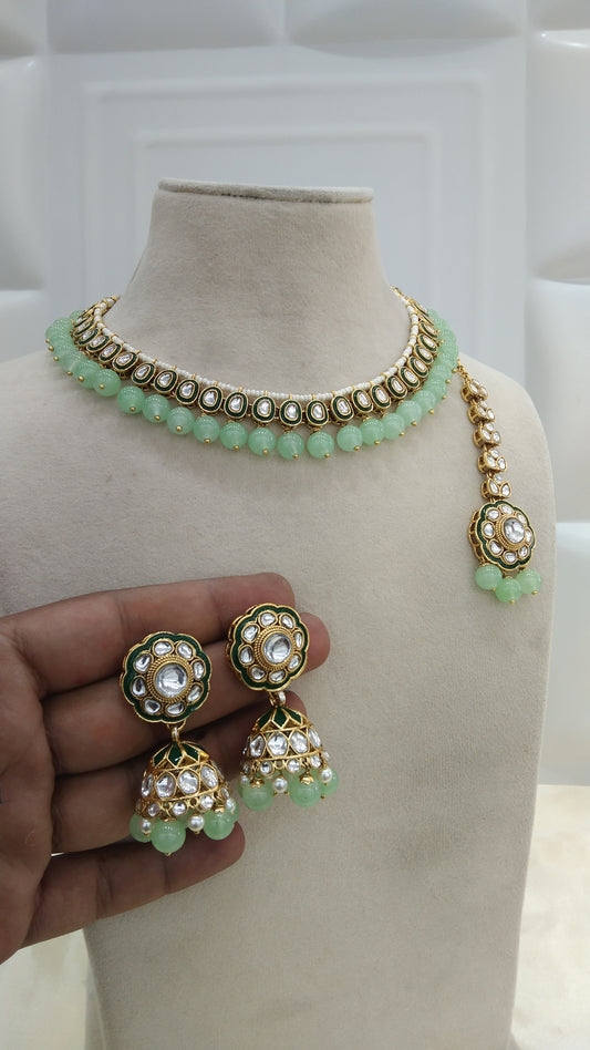Honey Pista kundan Indian Necklace Jewellery Set
