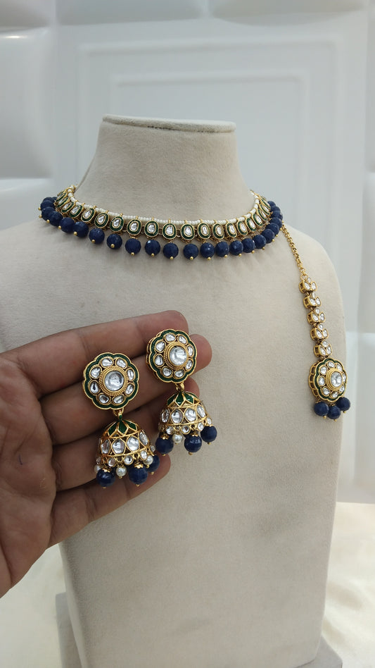 Honey Navy blue kundan Indian Necklace Jewellery Set