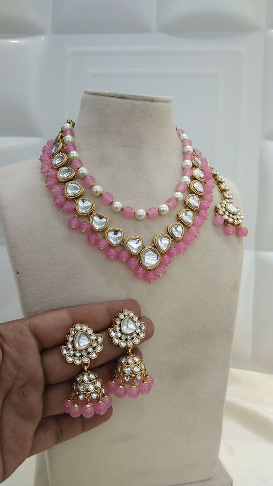 Hanisha Pink kundan Indian Necklace Layerd Jewellery Set