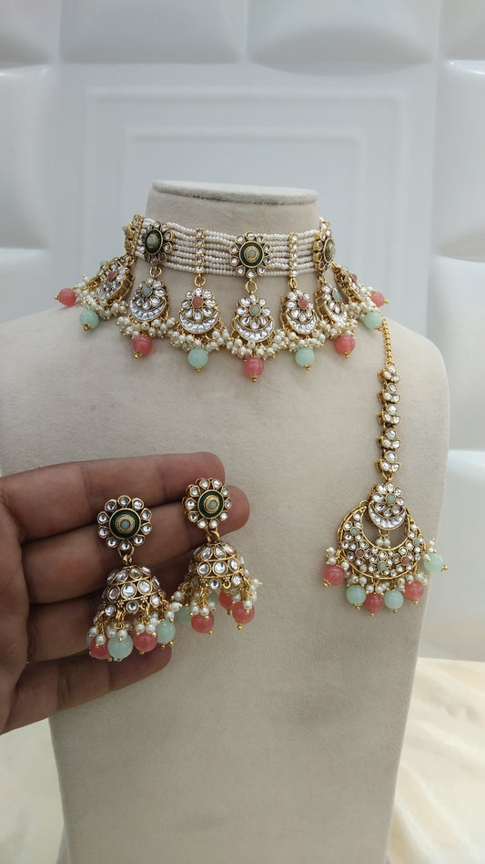 Harjit Mint Gajjri kundan Indian Choker Jewellery Set