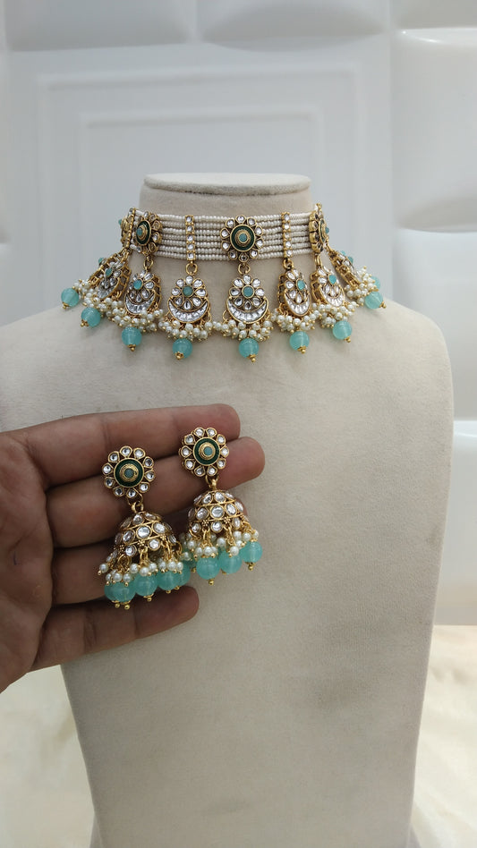 Harjit Sea Green kundan Indian Choker Jewellery Set