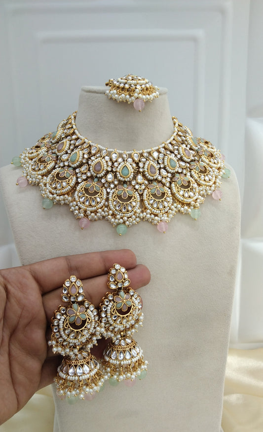 Harpreet Mint pink kundan Indian Necklace Jewellery Set
