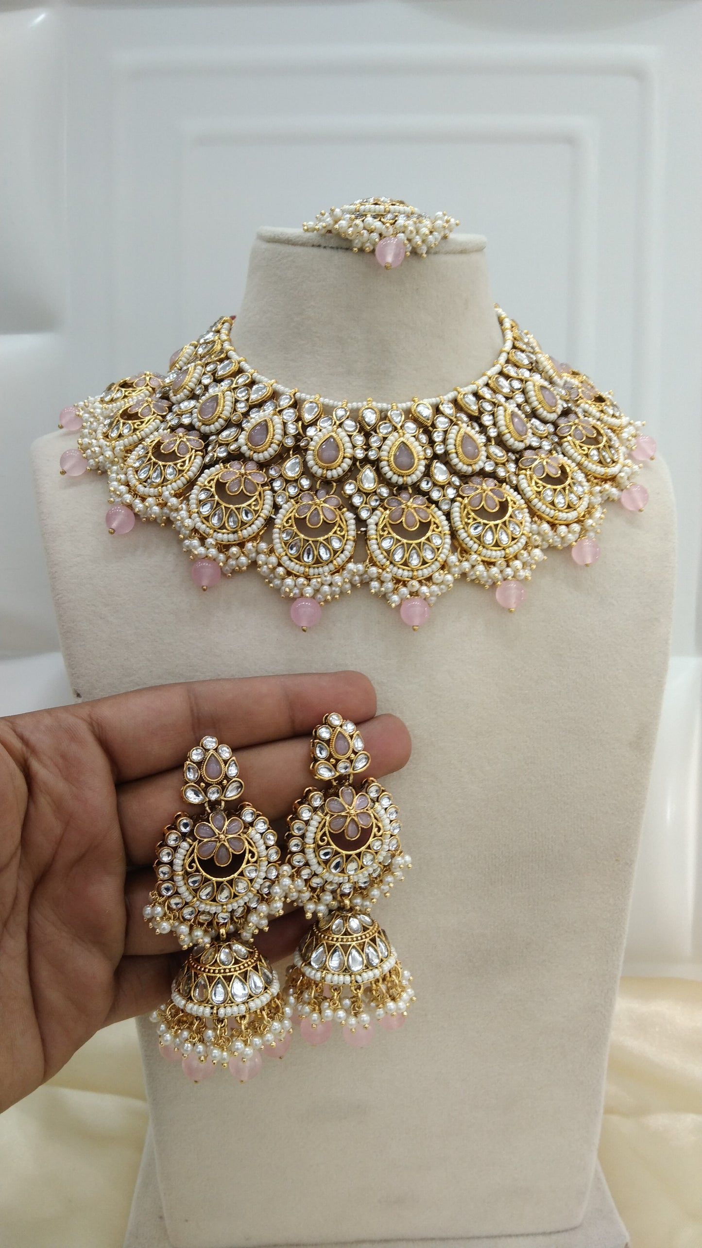 Harpreet Baby Pink kundan Indian Necklace Jewellery Set