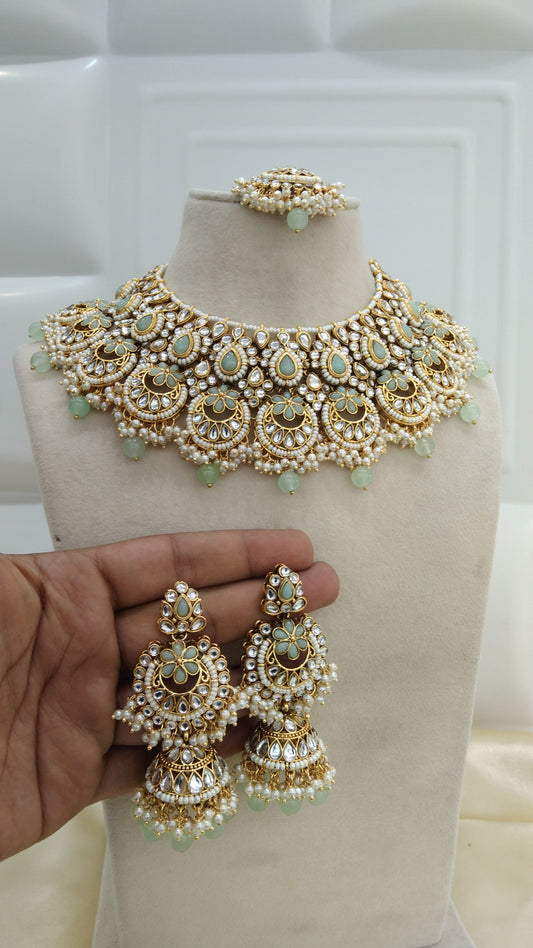 Harpreet Sea Green kundan Indian Necklace Jewellery Set