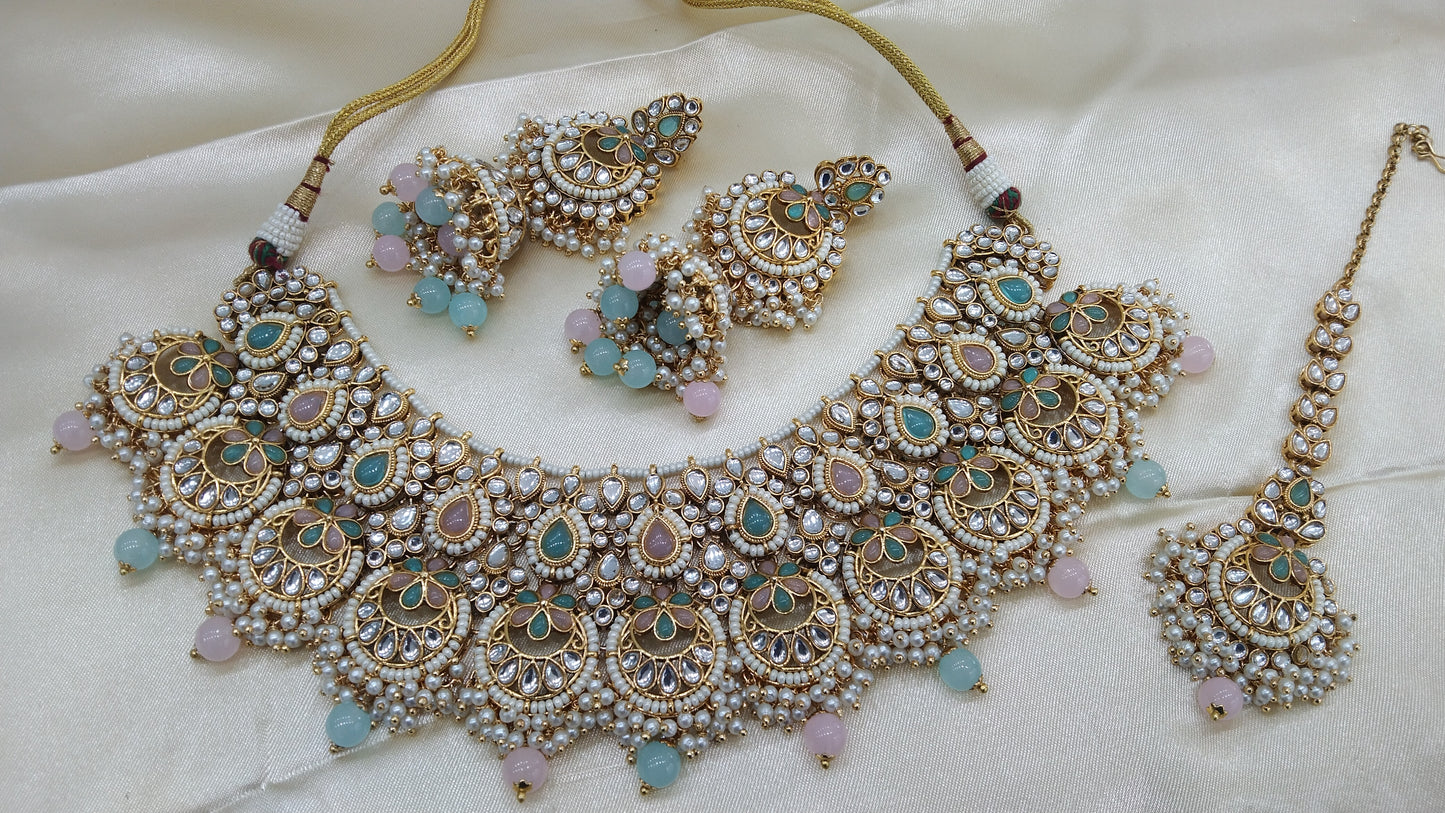 Harpreet Sky blue Pink kundan Indian Necklace Jewellery Set