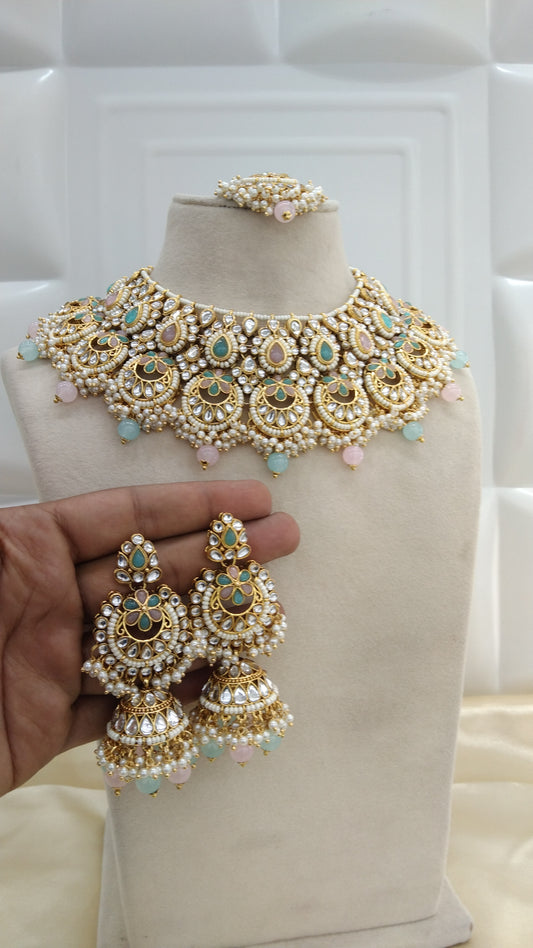 Harpreet Sky blue Pink kundan Indian Necklace Jewellery Set