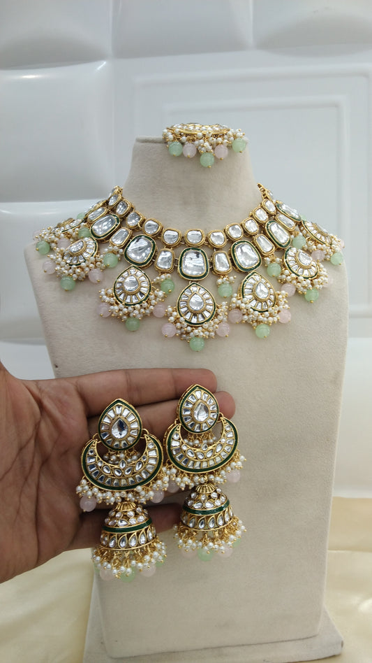 Harry Mint pink kundan Indian Necklace Jewellery Set