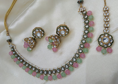 Honey Pista Pink kundan Indian Necklace Jewellery Set