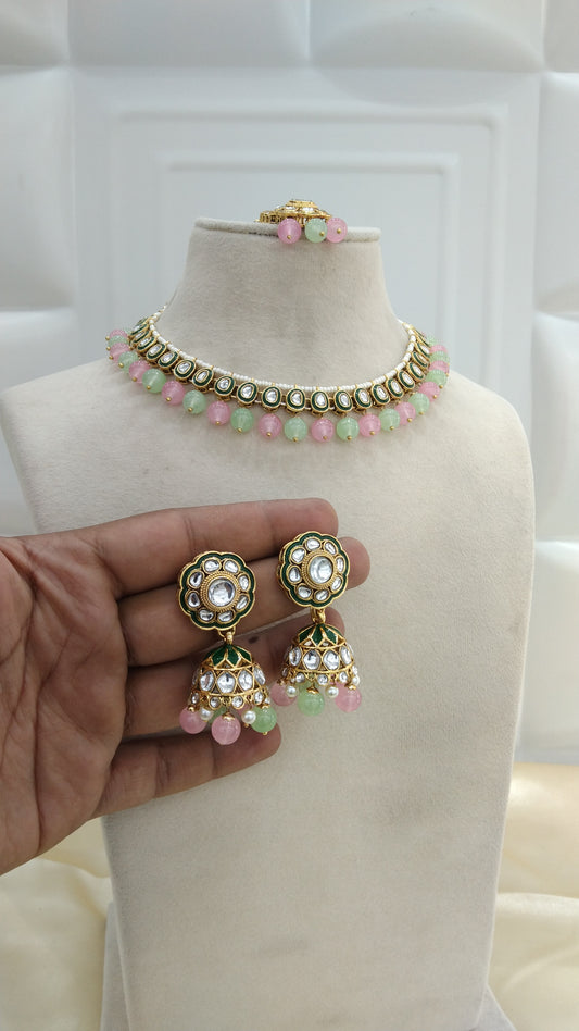 Honey Pista Pink kundan Indian Necklace Jewellery Set