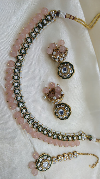 Honey Peach kundan Indian Necklace Jewellery Set