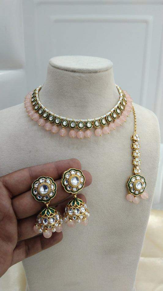 Honey Peach kundan Indian Necklace Jewellery Set