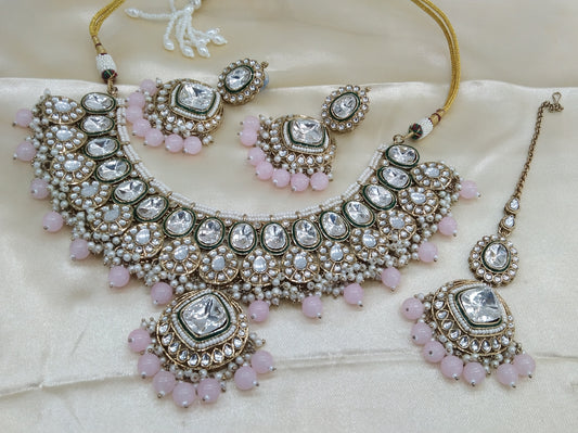 Jasika Baby Pink kundan Indian Necklace Jewellery Set