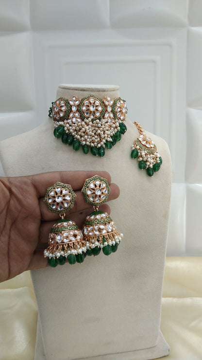 Ibiza Green kundan Indian Choker Jewellery Set
