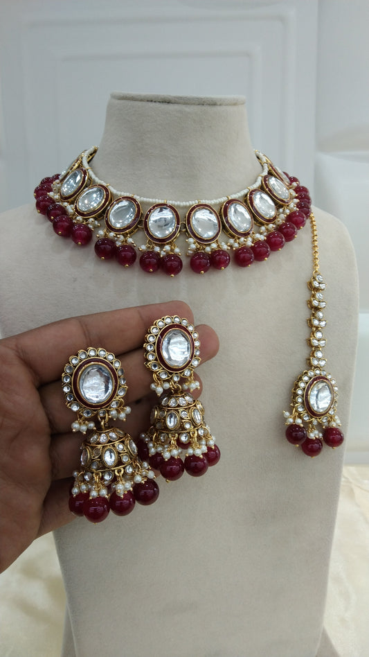 Janki Maroon kundan Indian Necklace Jewellery Set