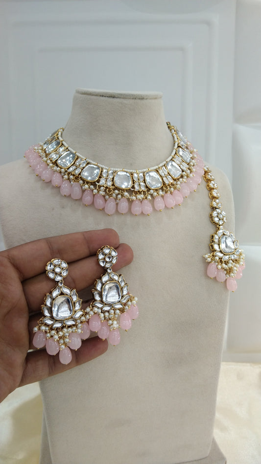 Janvi Baby pink kundan Indian Necklace Jewellery Set