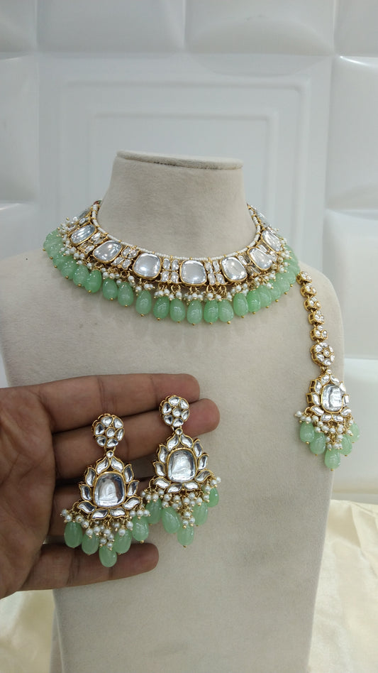 Janvi Pista kundan Indian Necklace Jewellery Set