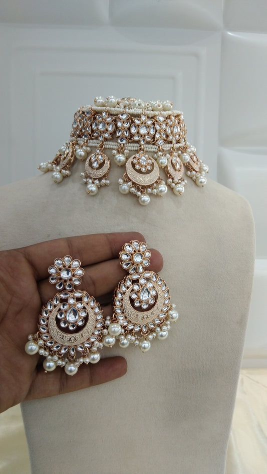 Kamini White kundan Indian Choker Jewellery Set