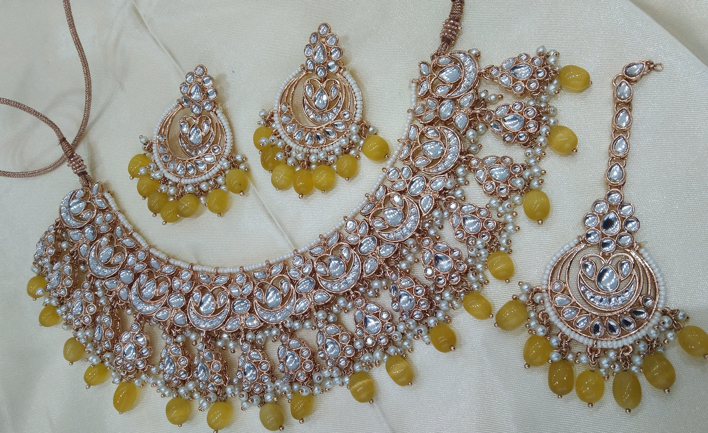 Yellow Kundan Necklace Indian Bridal Jewellery Jewelry Set