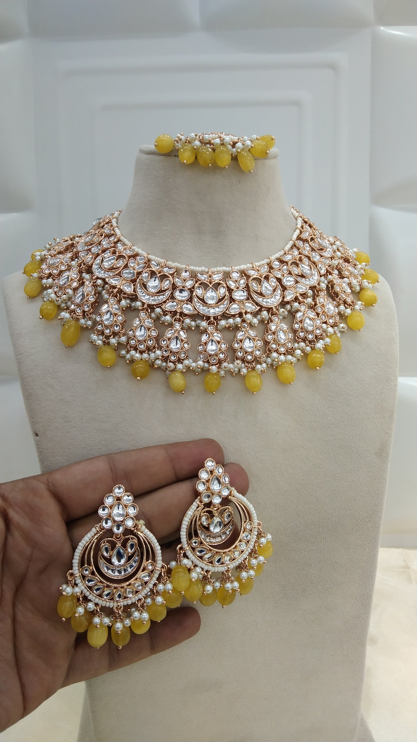 Yellow Kundan Necklace Indian Bridal Jewellery Jewelry Set
