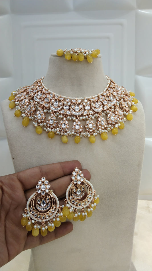 Yellow Kundan Necklace Indian Bridal Jewellery Jewelry Set