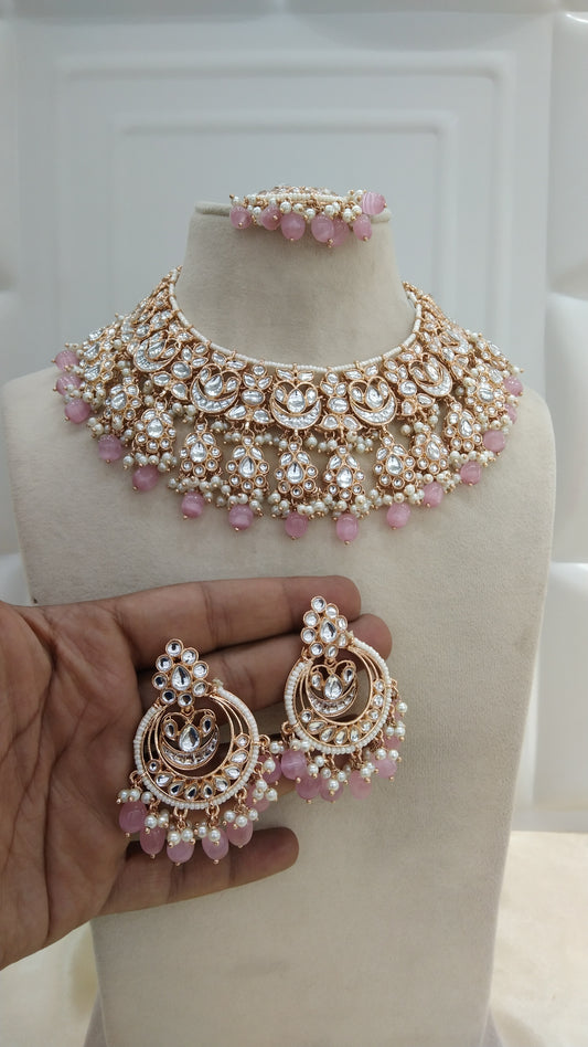 Kirna Baby Pink kundan Indian Necklace Jewellery Set